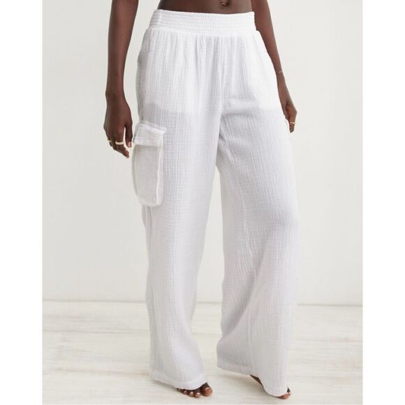 Aerie High Waisted Pool-To-Party Cargo Gauze Pant White Wide Leg Cotton XXL - Picture 1 of 11